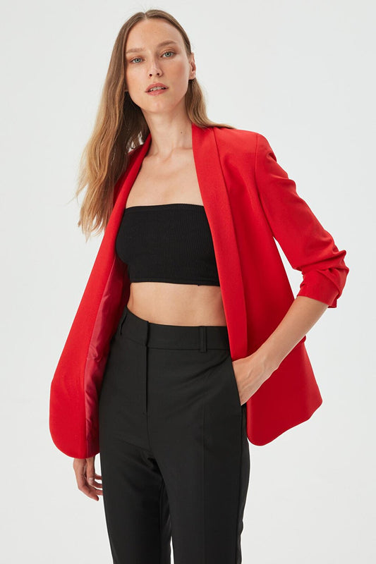 Women's Red Sleeve Gathered Blazer Jacket