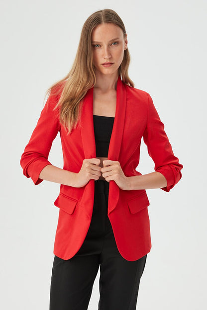 Women's Red Sleeve Gathered Blazer Jacket