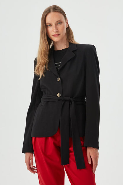 Women's Black Belt Detailed Blazer Jacket