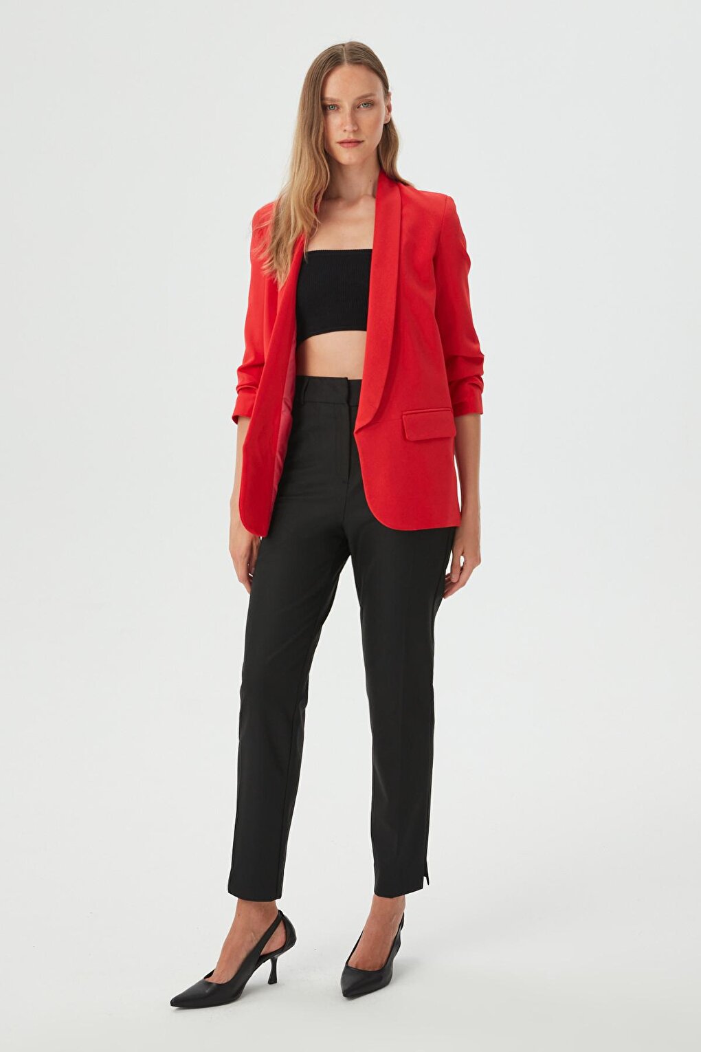 Women's Red Sleeve Gathered Blazer Jacket