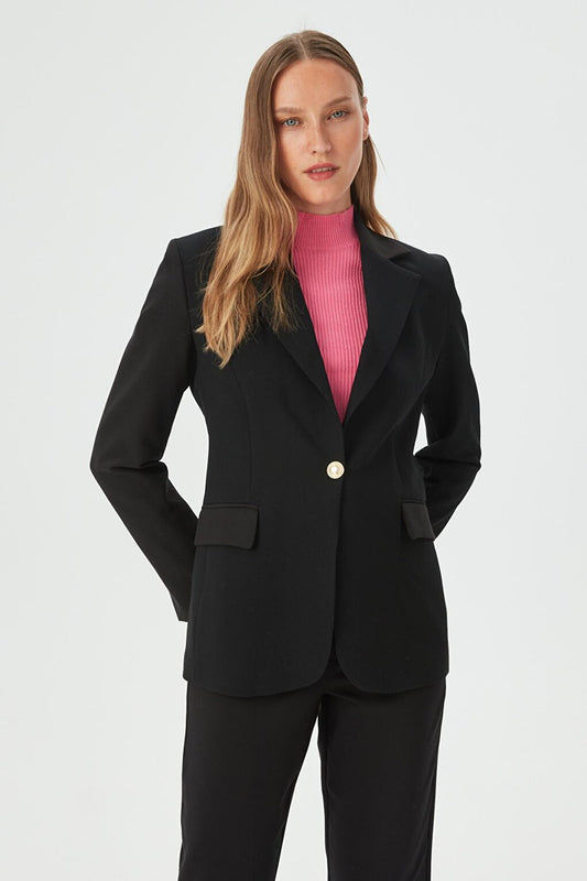 Women's Black Single Button Slim Fit Blazer Jacket