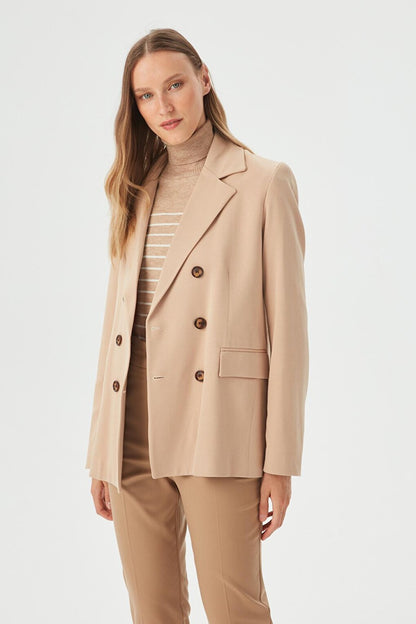 Women's Beige Button Detailed Boyfriend Blazer Jacket