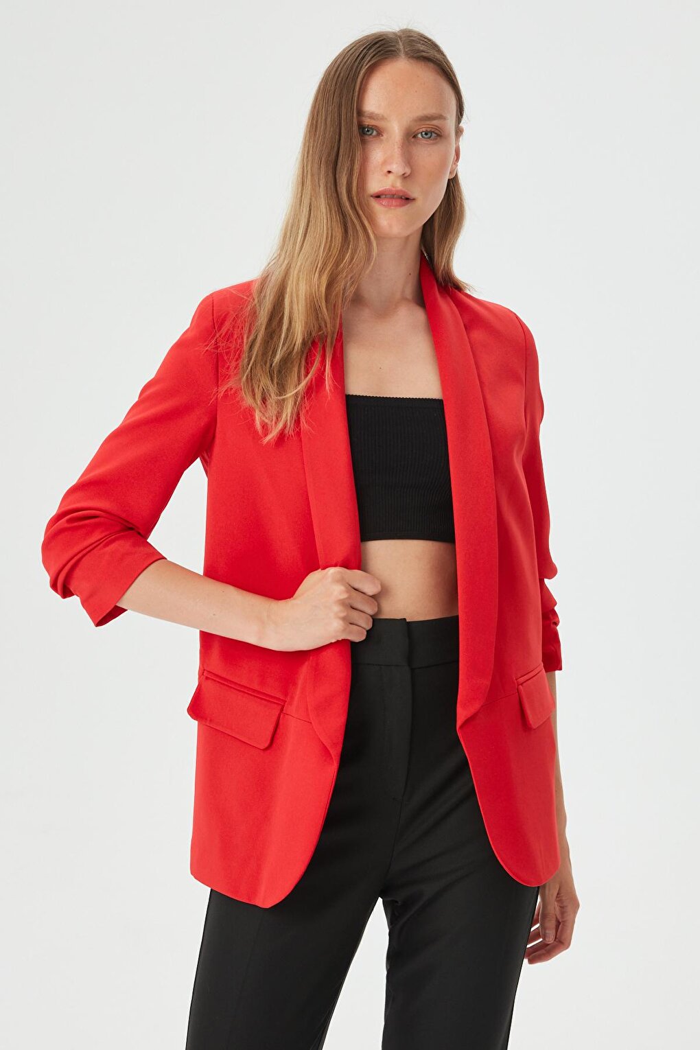 Women's Red Sleeve Gathered Blazer Jacket