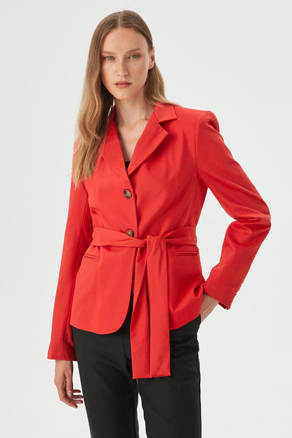 Women's Red Belt Detailed Slim Blazer Jacket