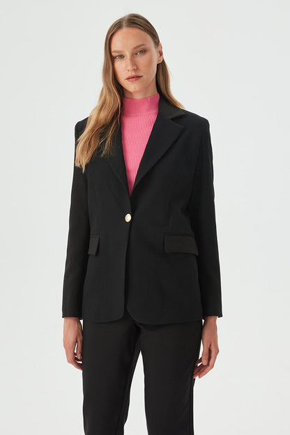 Women's Black Single Button Slim Fit Blazer Jacket