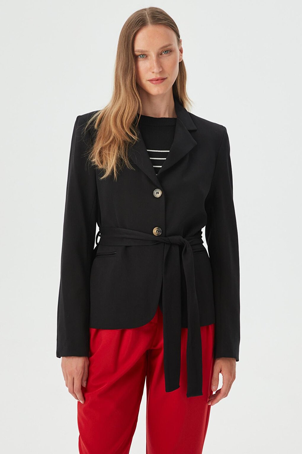 Women's Black Belt Detailed Blazer Jacket