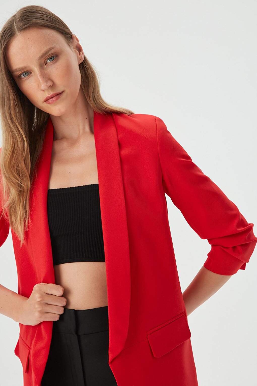 Women's Red Sleeve Gathered Blazer Jacket