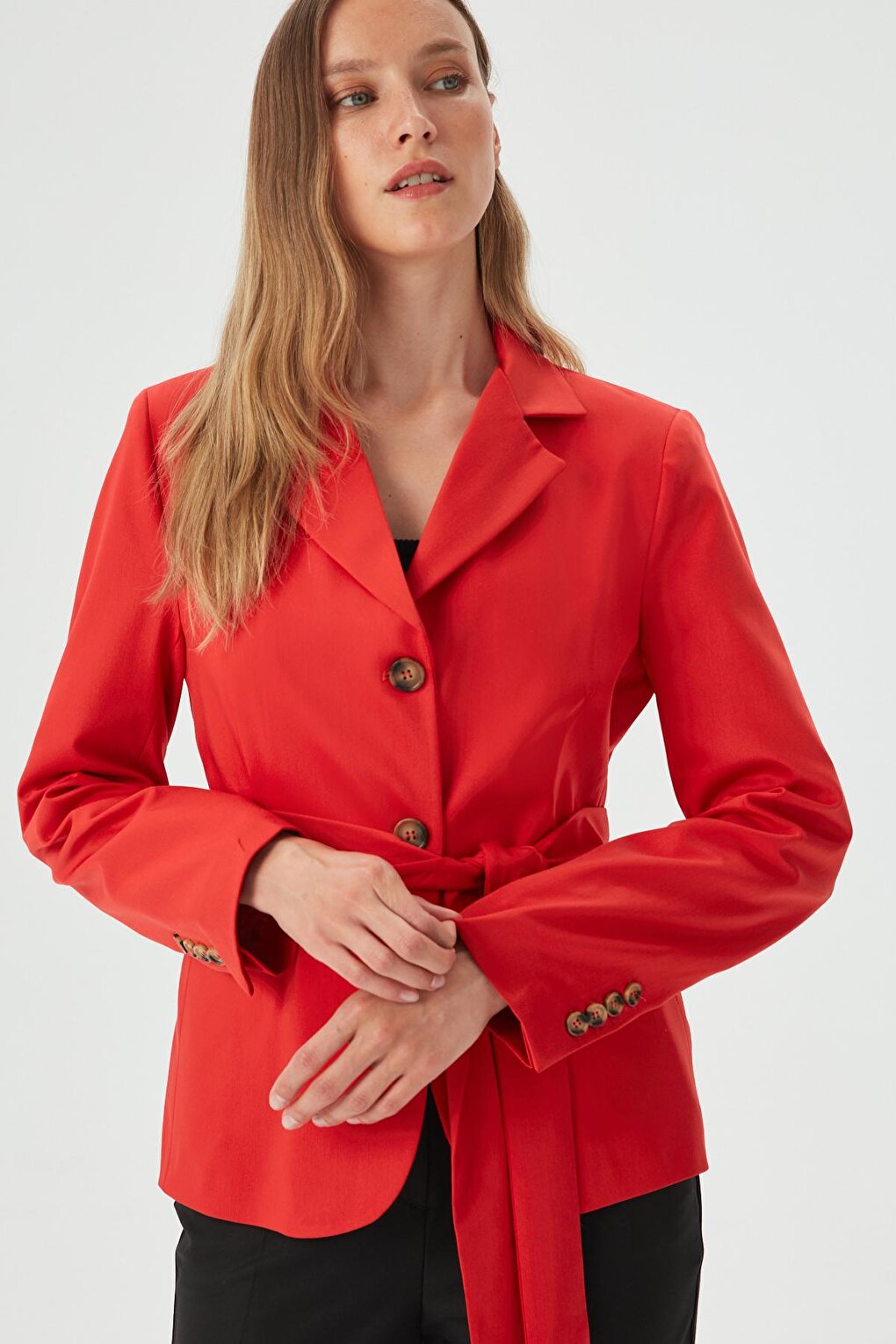 Women's Red Belt Detailed Slim Blazer Jacket