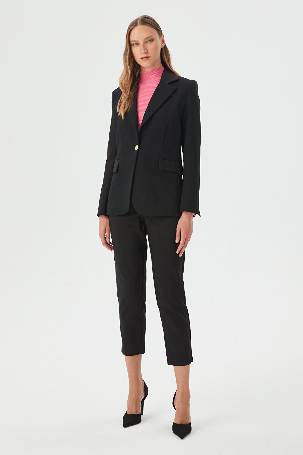 Women's Black Single Button Slim Fit Blazer Jacket