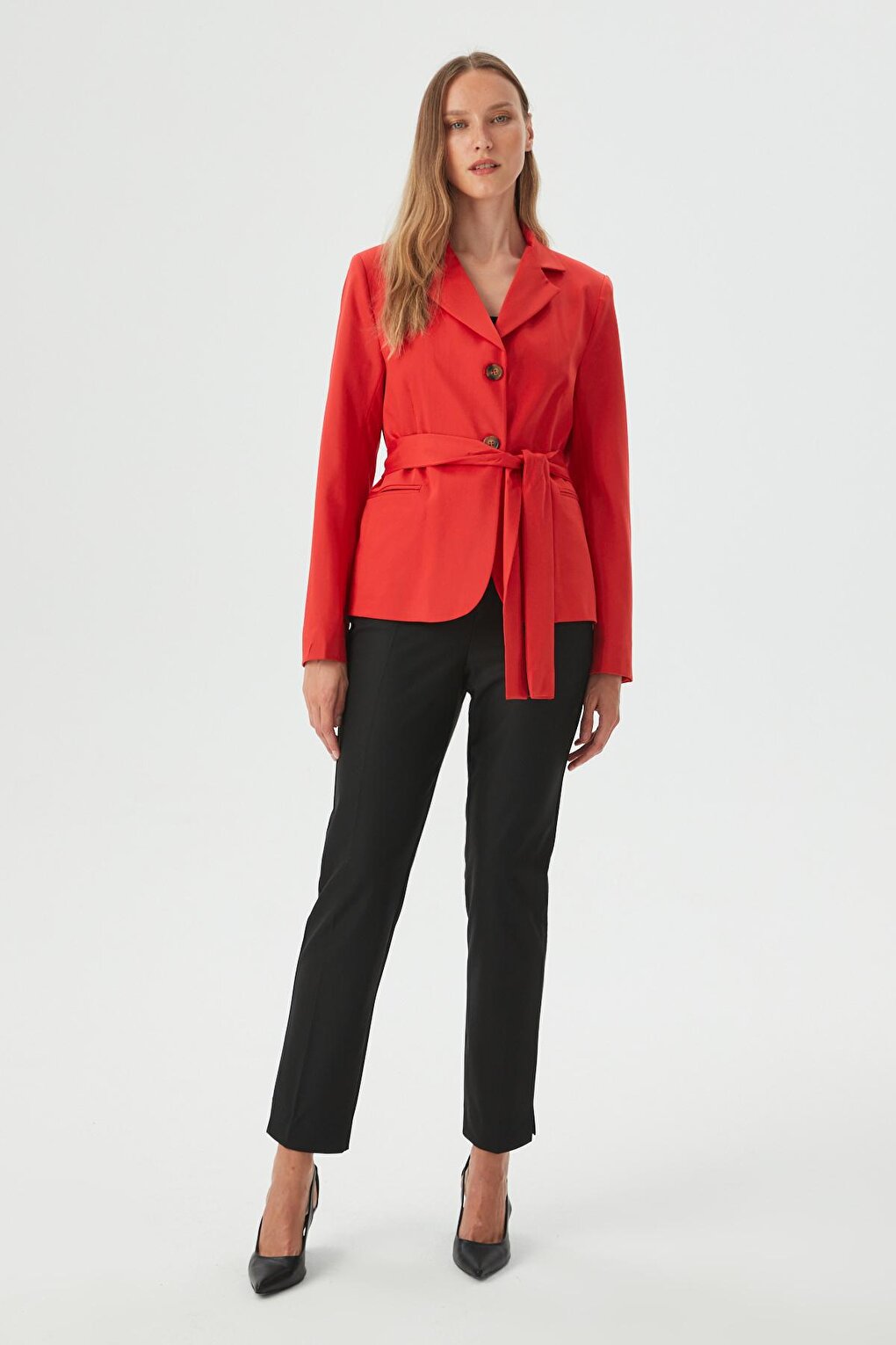 Women's Red Belt Detailed Slim Blazer Jacket