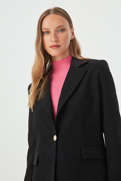 Women's Black Single Button Slim Fit Blazer Jacket