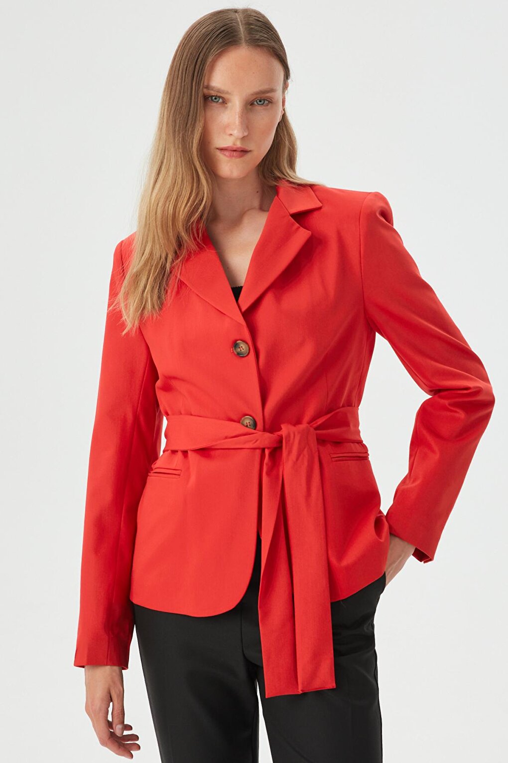 Women's Red Belt Detailed Slim Blazer Jacket