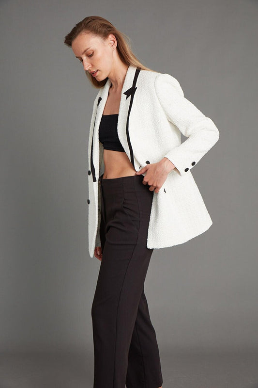 Women's White Garni Detail Long Boucle Blazer Jacket