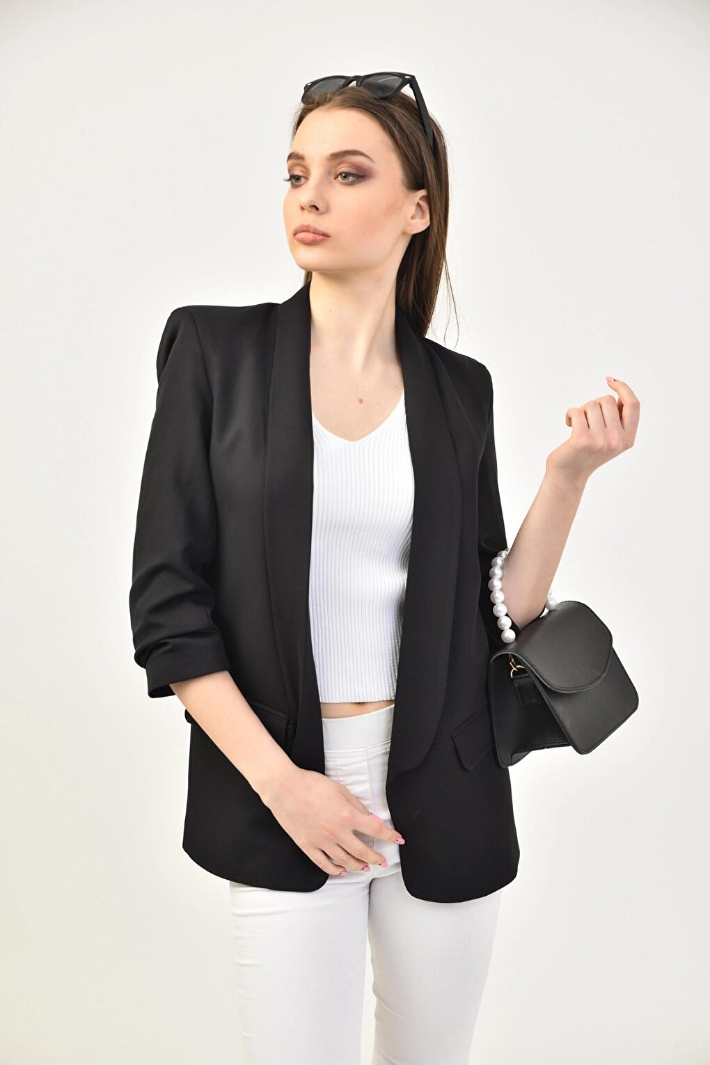 Women's Black Sleeve Gathered Blazer Jacket