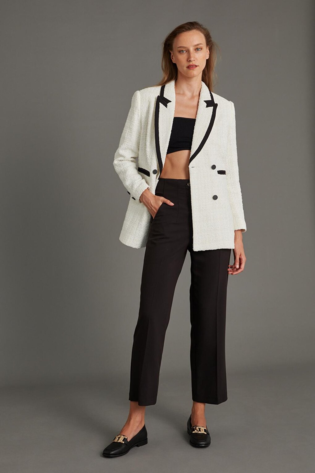 Women's White Garni Detail Long Boucle Blazer Jacket