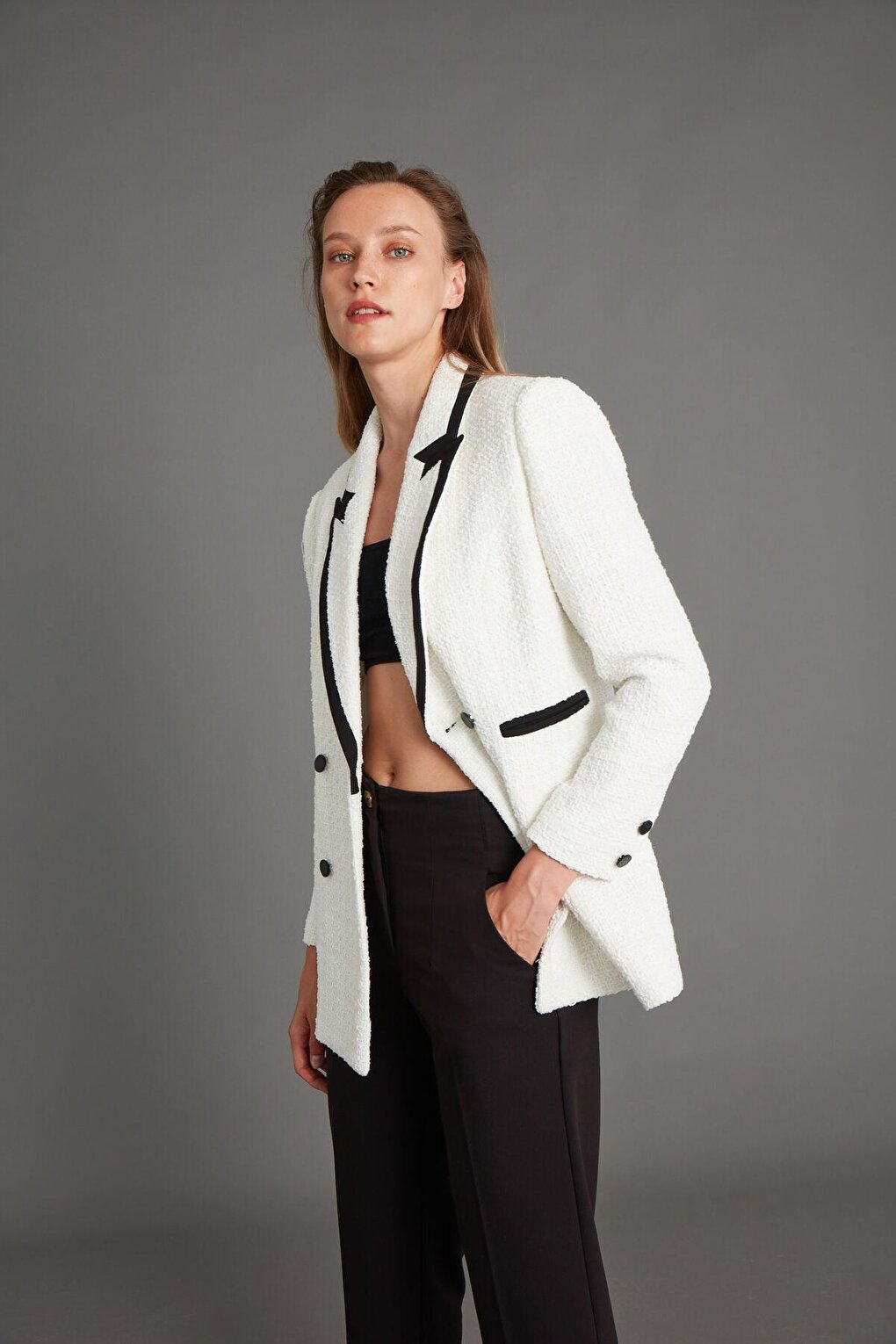 Women's White Garni Detail Long Boucle Blazer Jacket