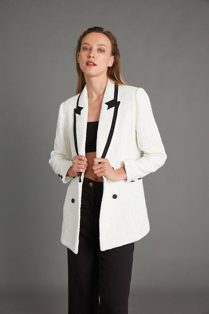 Women's White Garni Detail Long Boucle Blazer Jacket