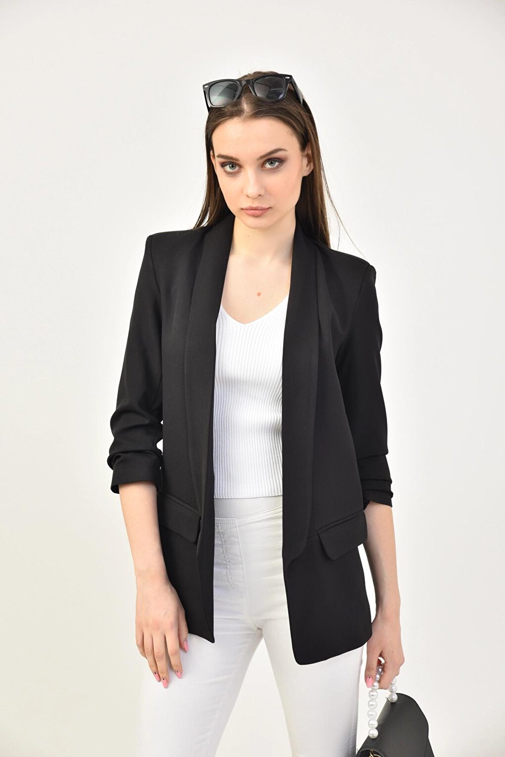 Women's Black Sleeve Gathered Blazer Jacket