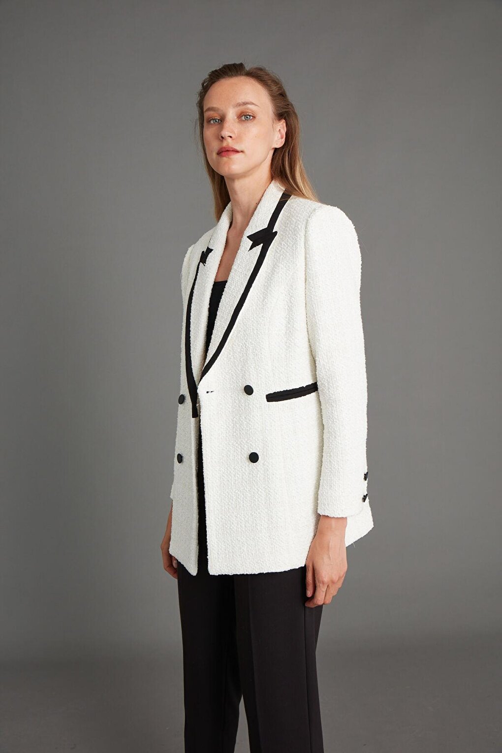 Women's White Garni Detail Long Boucle Blazer Jacket