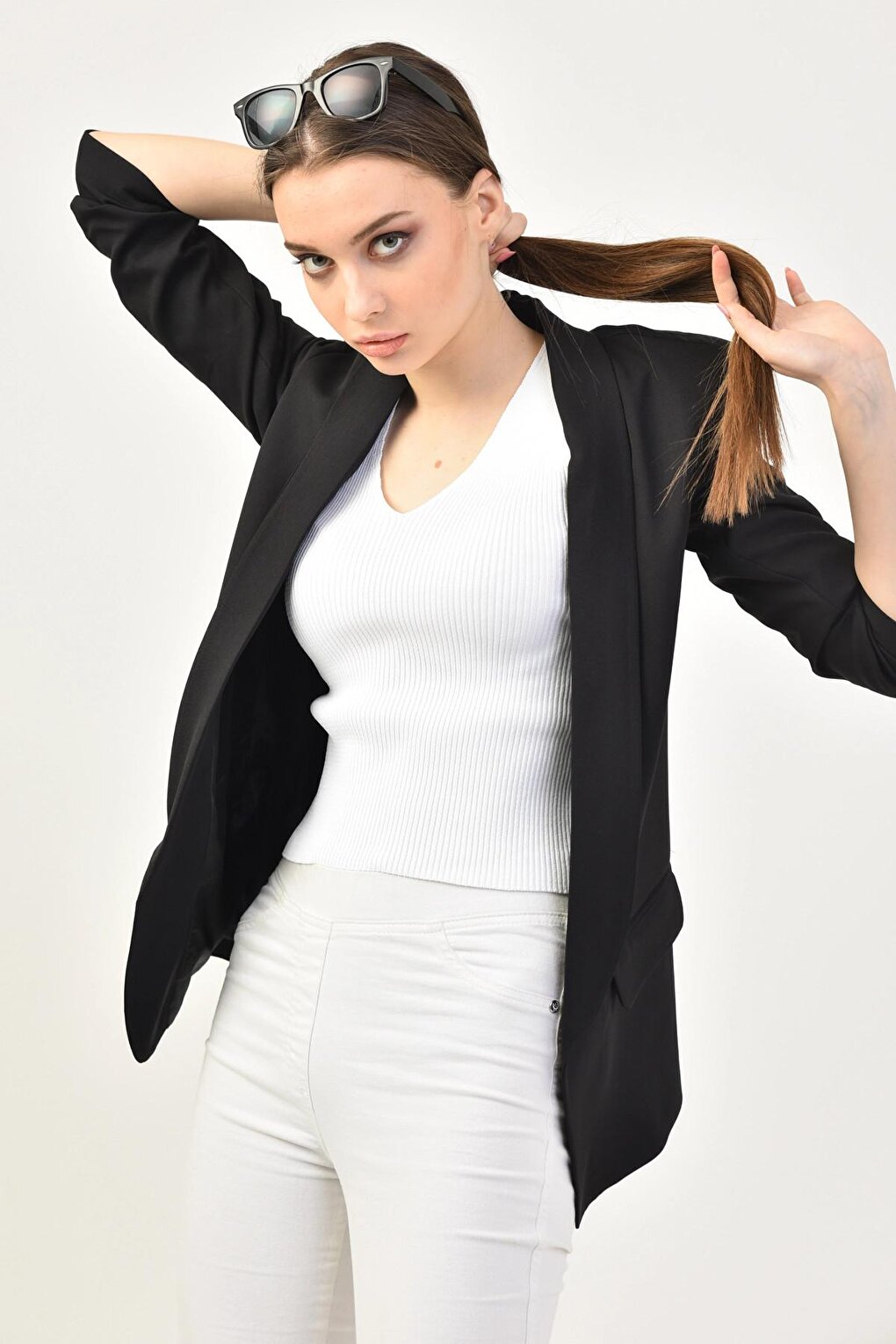 Women's Black Sleeve Gathered Blazer Jacket