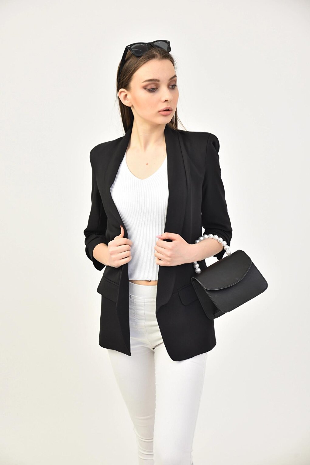 Women's Black Sleeve Gathered Blazer Jacket