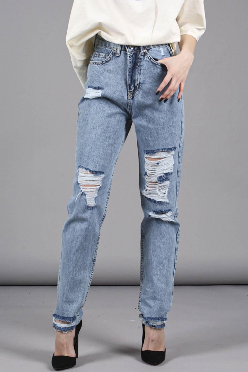 Blue Ripped Mom Jean MG1163