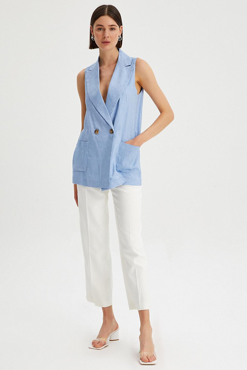 Women's Long Linen Vest with Pocket Detail