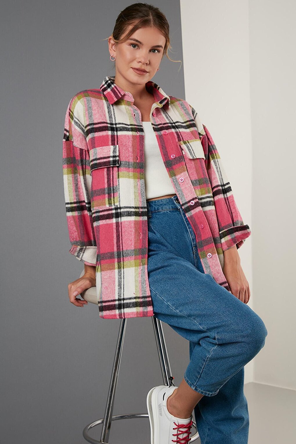 Plaid Oversize Double Pocket Winter Lumberjack Shirt 42190473