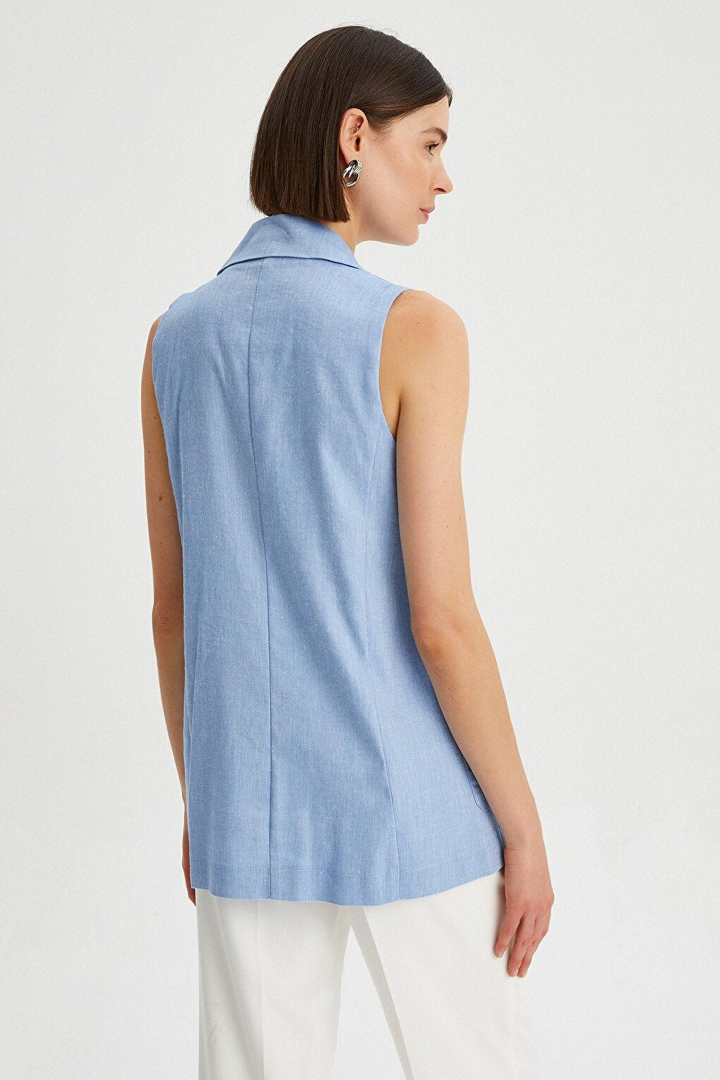 Women's Long Linen Vest with Pocket Detail