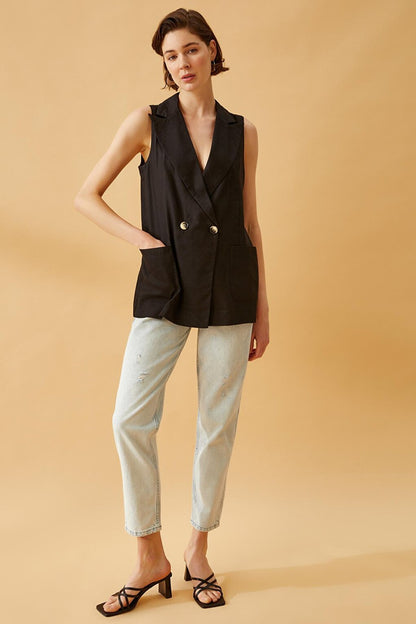 Women's Long Linen Vest with Pocket Detail