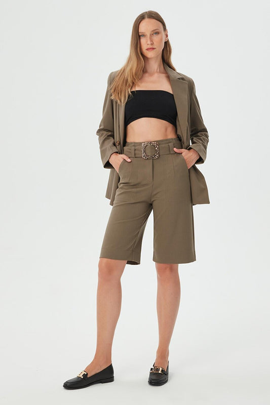 Women's Khaki Belt Detailed Bermuda Shorts