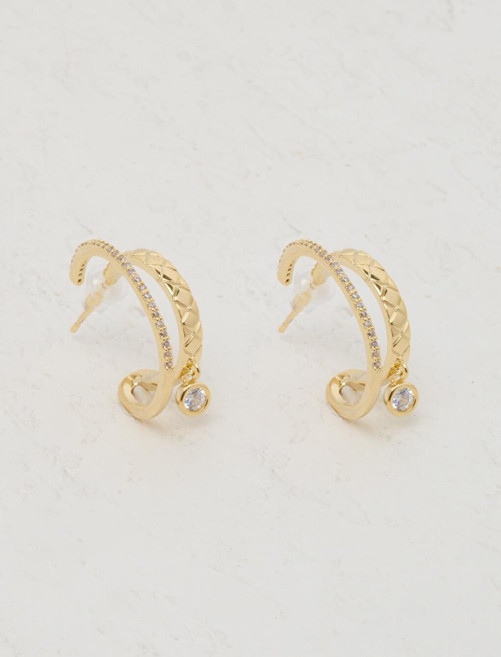 Gold Shiny Stone Half Hoop Earrings