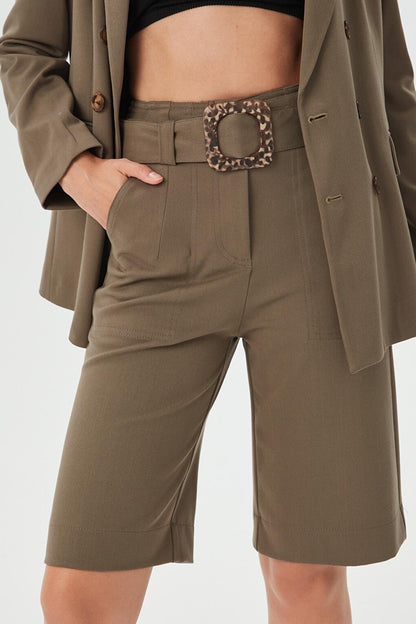 Women's Khaki Belt Detailed Bermuda Shorts