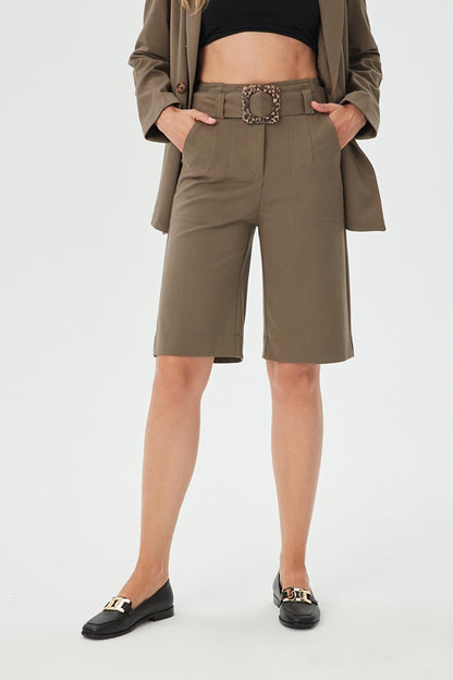 Women's Khaki Belt Detailed Bermuda Shorts