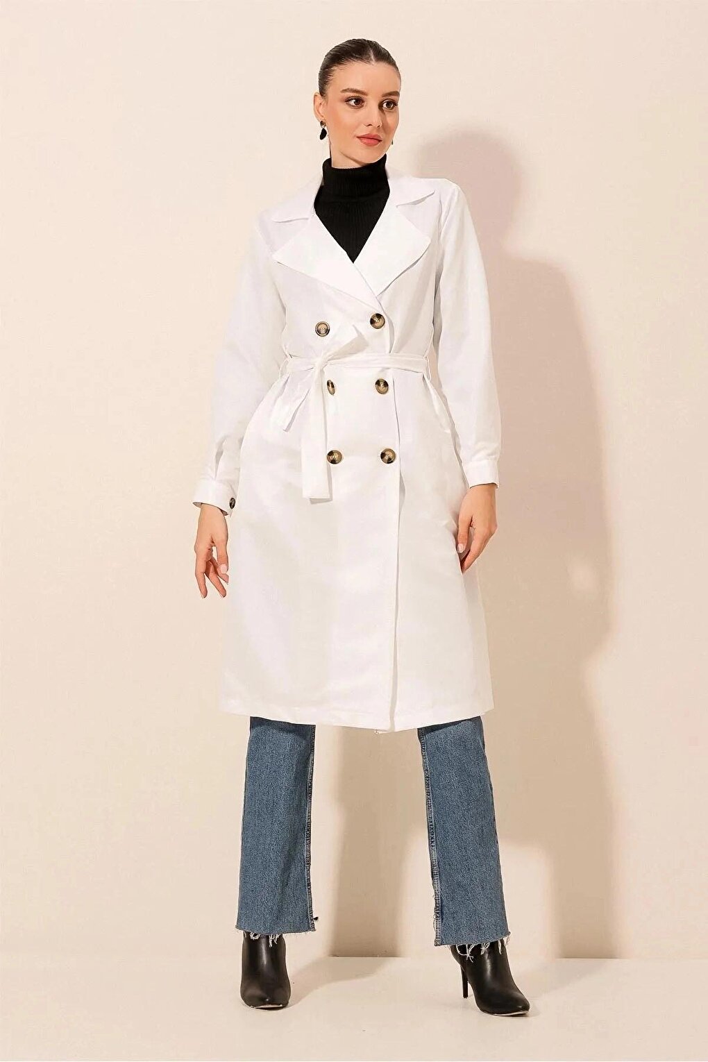 Women's White Double Breasted Collar Belted Unlined Seasonal Casual Trench Coat Hzl22s-bd158531