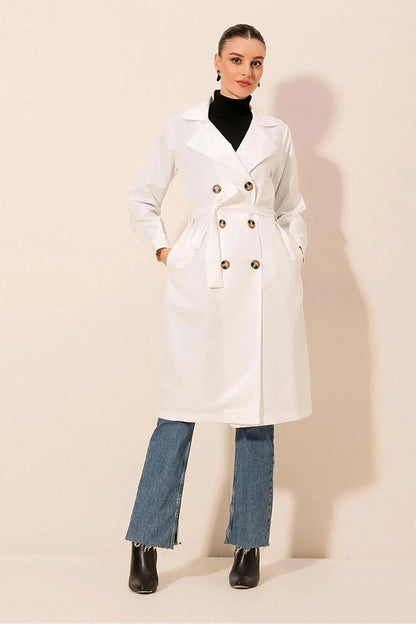 Women's White Double Breasted Collar Belted Unlined Seasonal Casual Trench Coat Hzl22s-bd158531