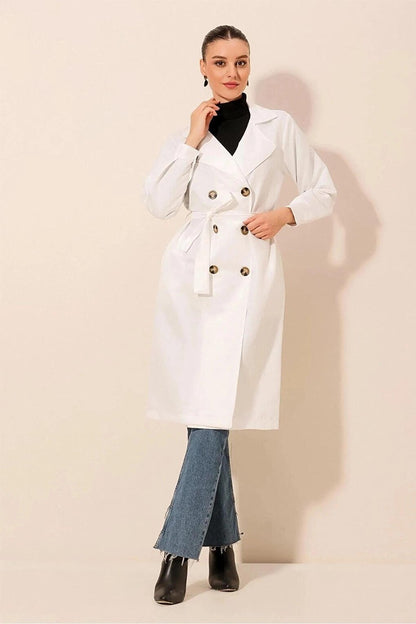 Women's White Double Breasted Collar Belted Unlined Seasonal Casual Trench Coat Hzl22s-bd158531