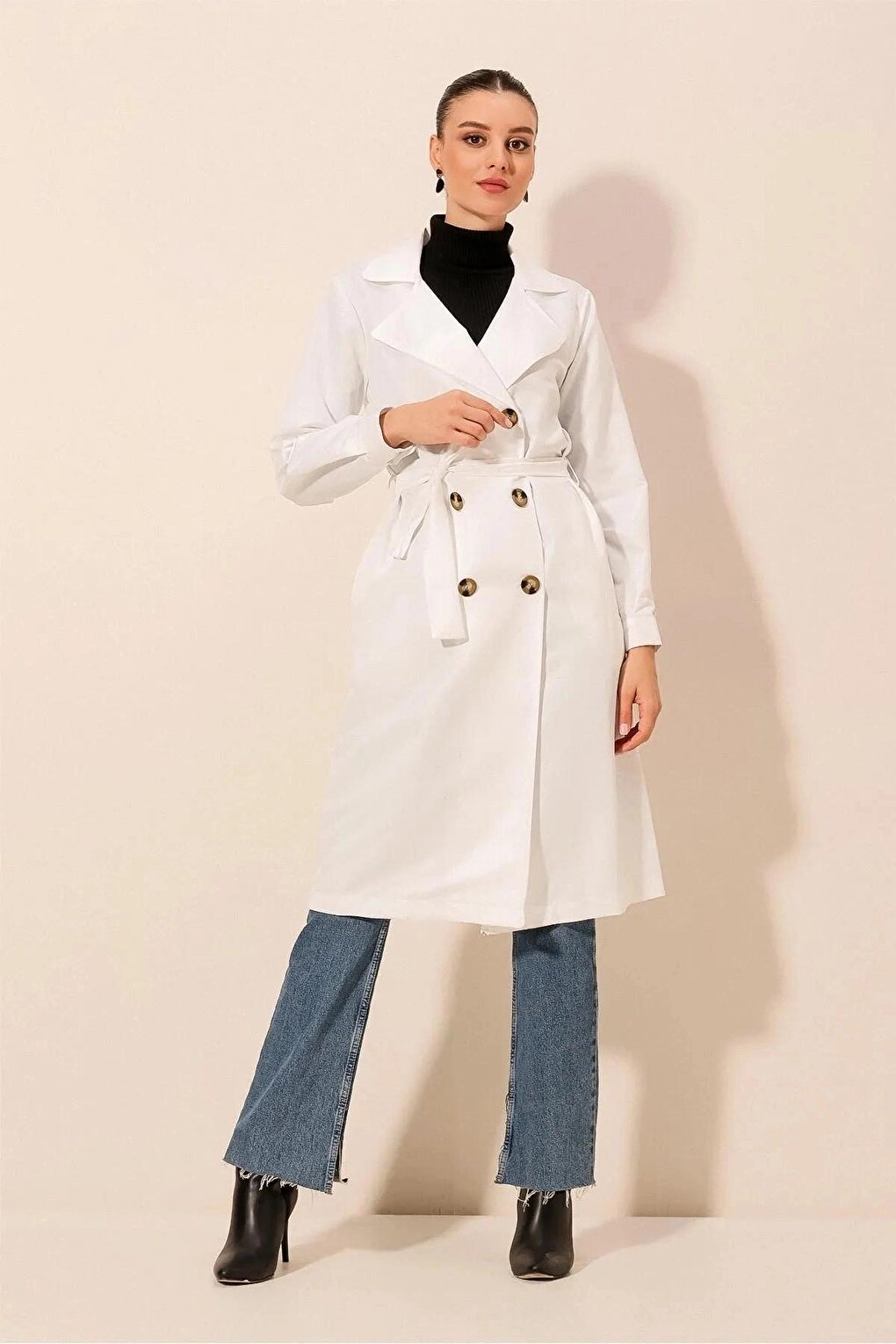 Women's White Double Breasted Collar Belted Unlined Seasonal Casual Trench Coat Hzl22s-bd158531