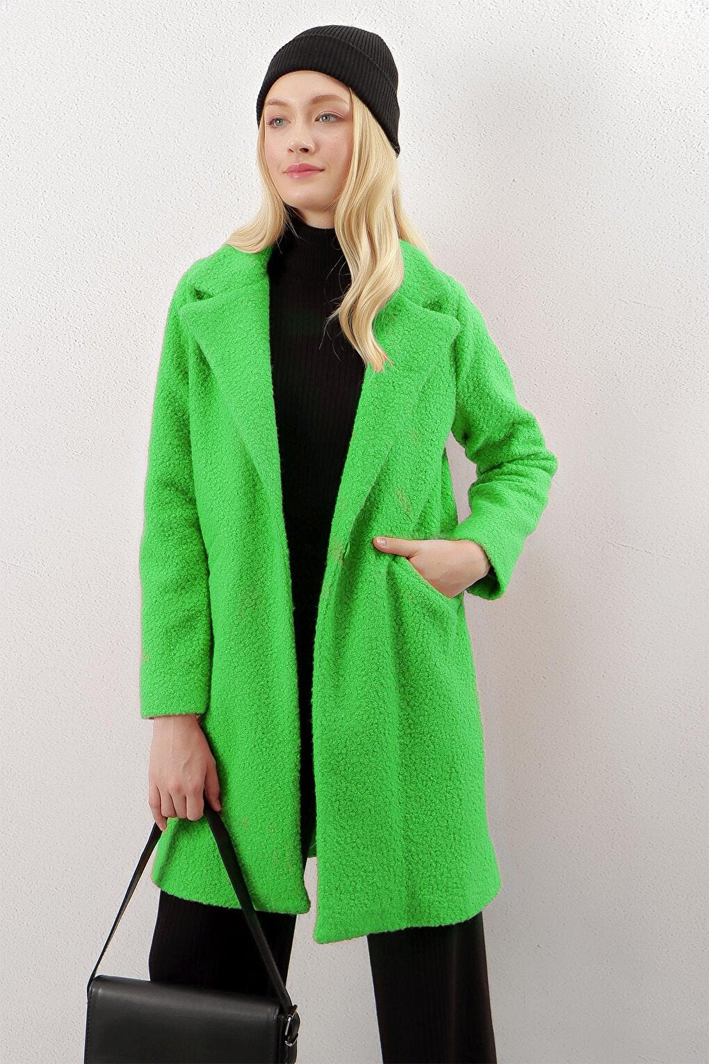 Green Single Button Lined Coat with Pockets