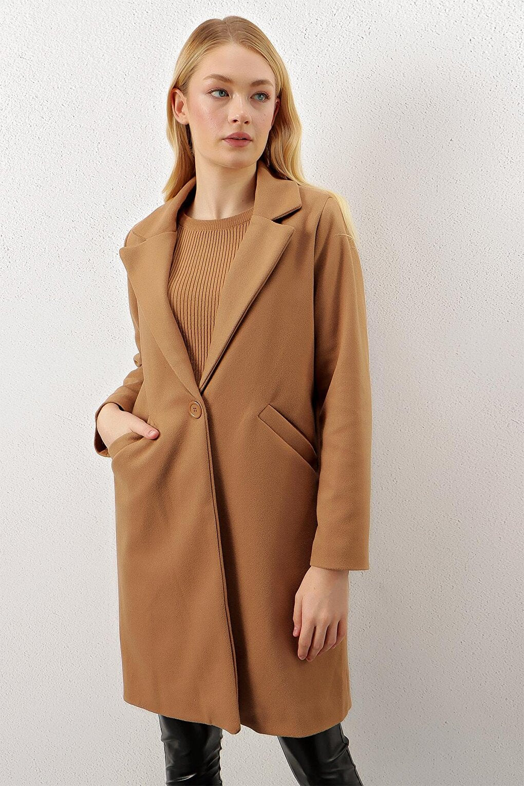 Mink Single Button Pocket Cashmere Coat