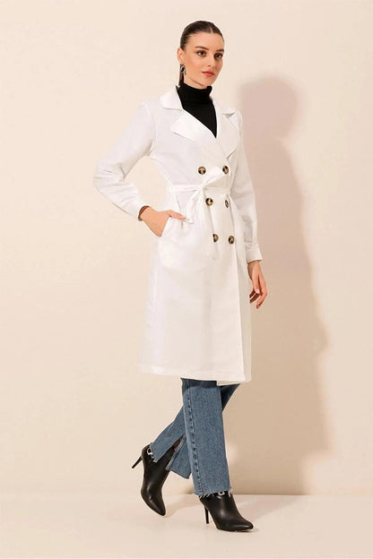 Women's White Double Breasted Collar Belted Unlined Seasonal Casual Trench Coat Hzl22s-bd158531