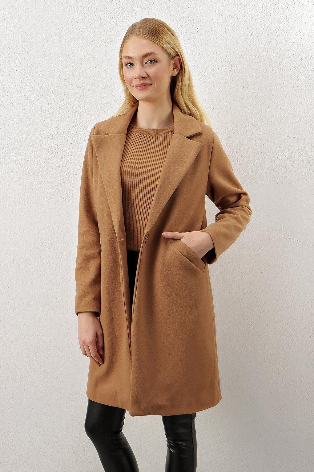 Mink Single Button Pocket Cashmere Coat