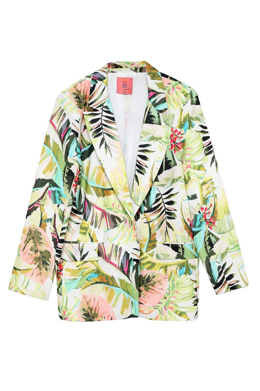 Floral Patterned Double Breasted Lapel Blazer Jacket Green