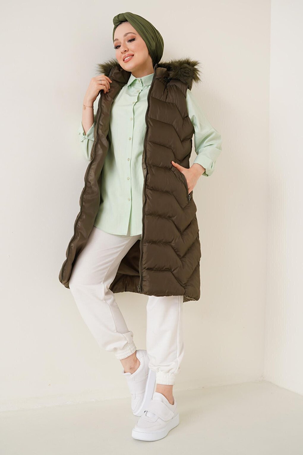 T10233 Hooded Long Hijab Vest - Khaki