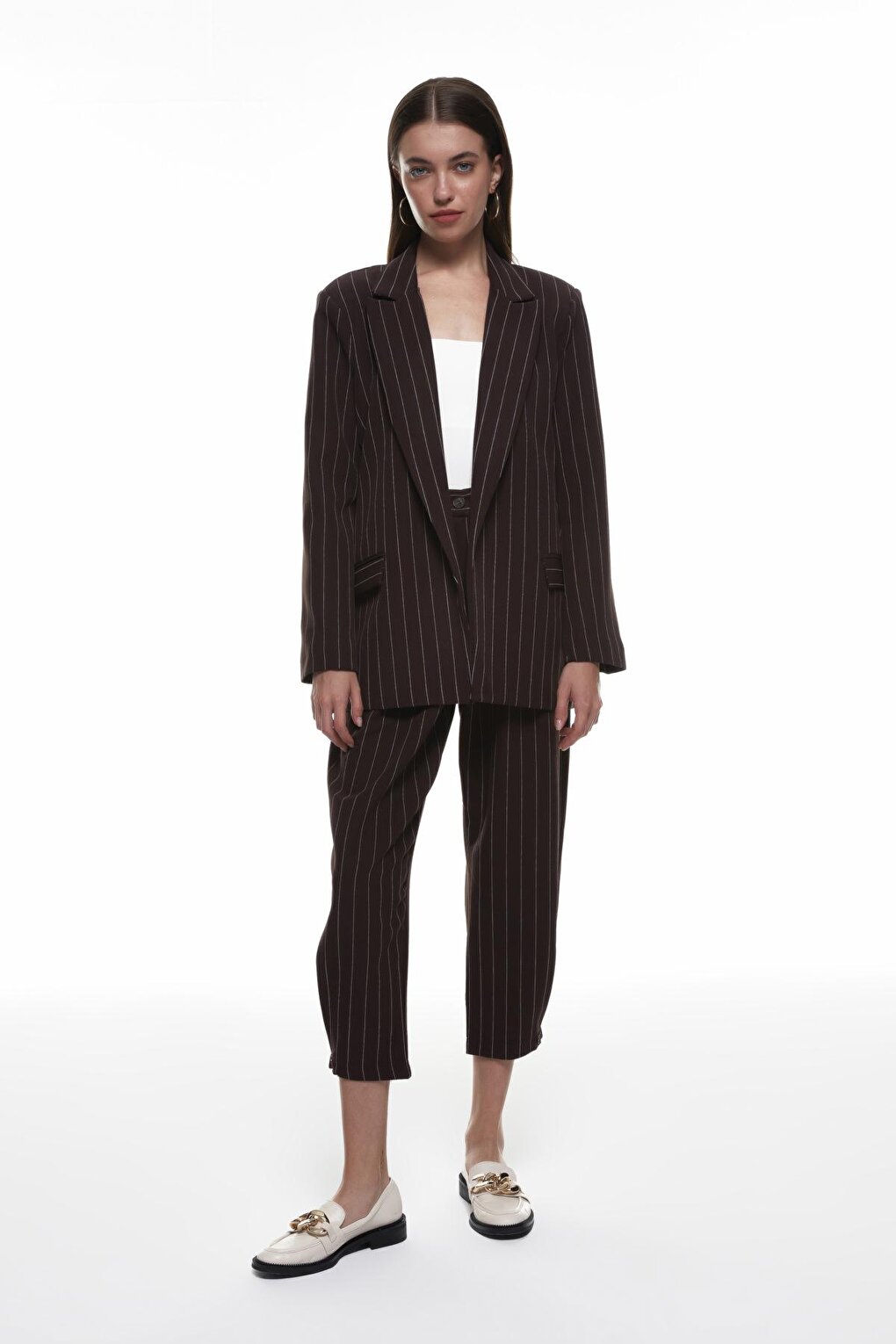 Stripe Detailed Blazer Jacket Brown