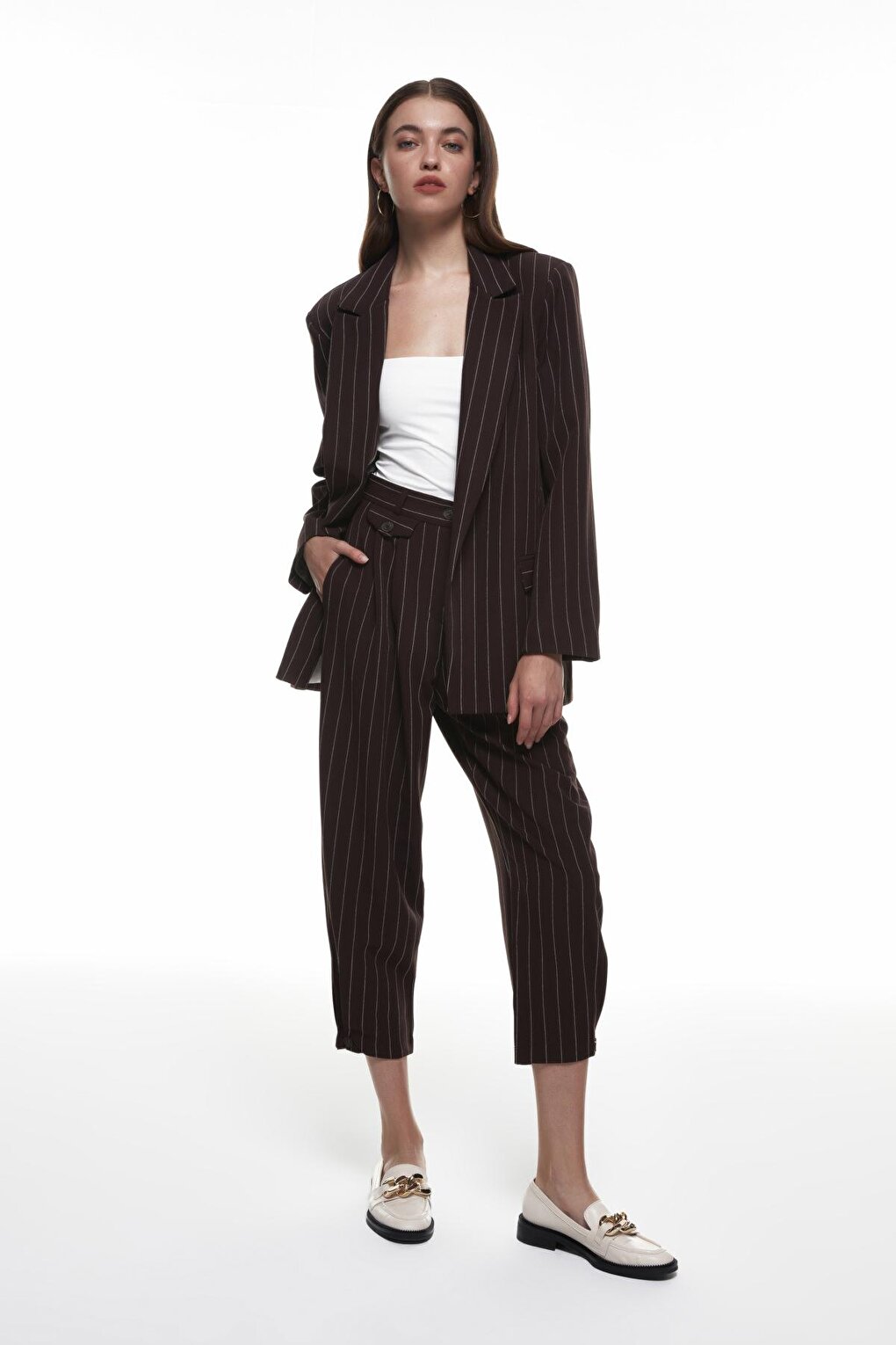 Stripe Detailed Blazer Jacket Brown