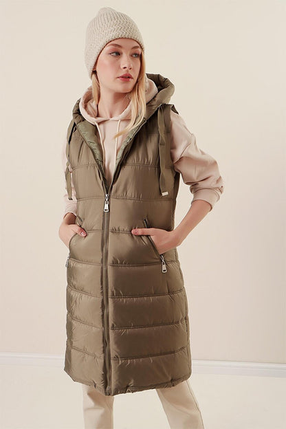 5140 Hooded Long Puffer Vest - Çağla