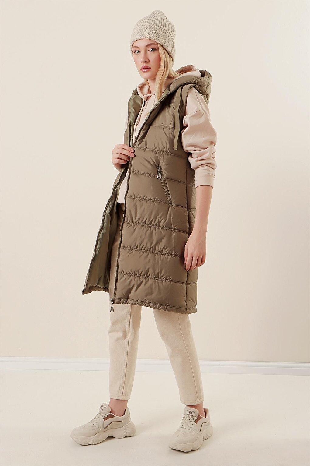 5140 Hooded Long Puffer Vest - Çağla