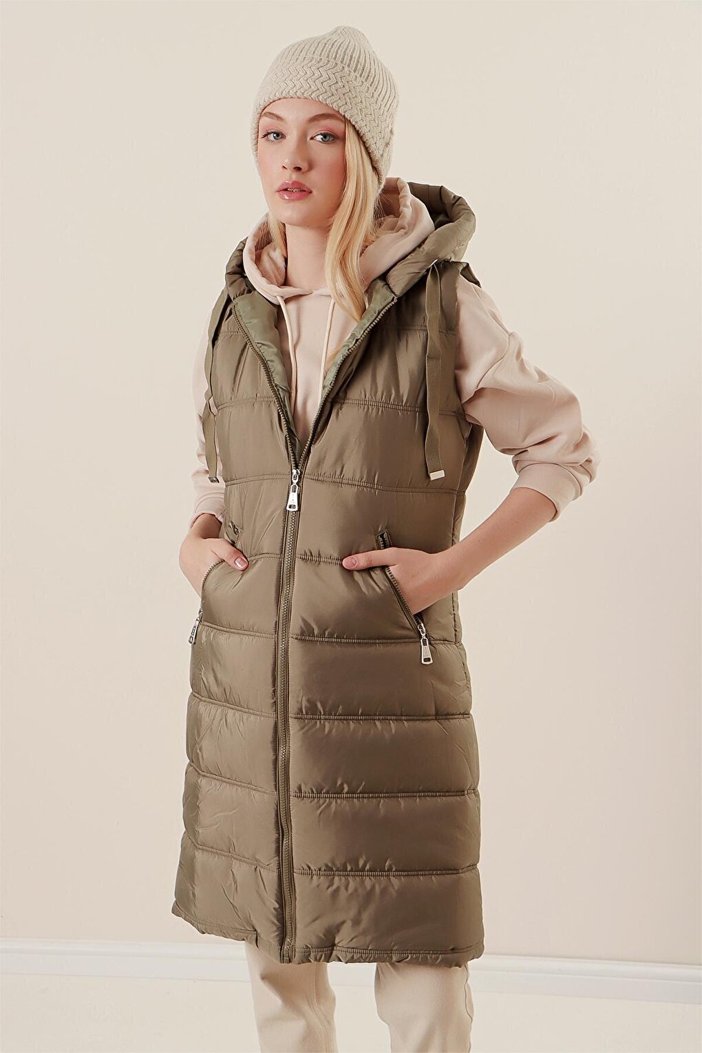 5140 Hooded Long Puffer Vest - Çağla