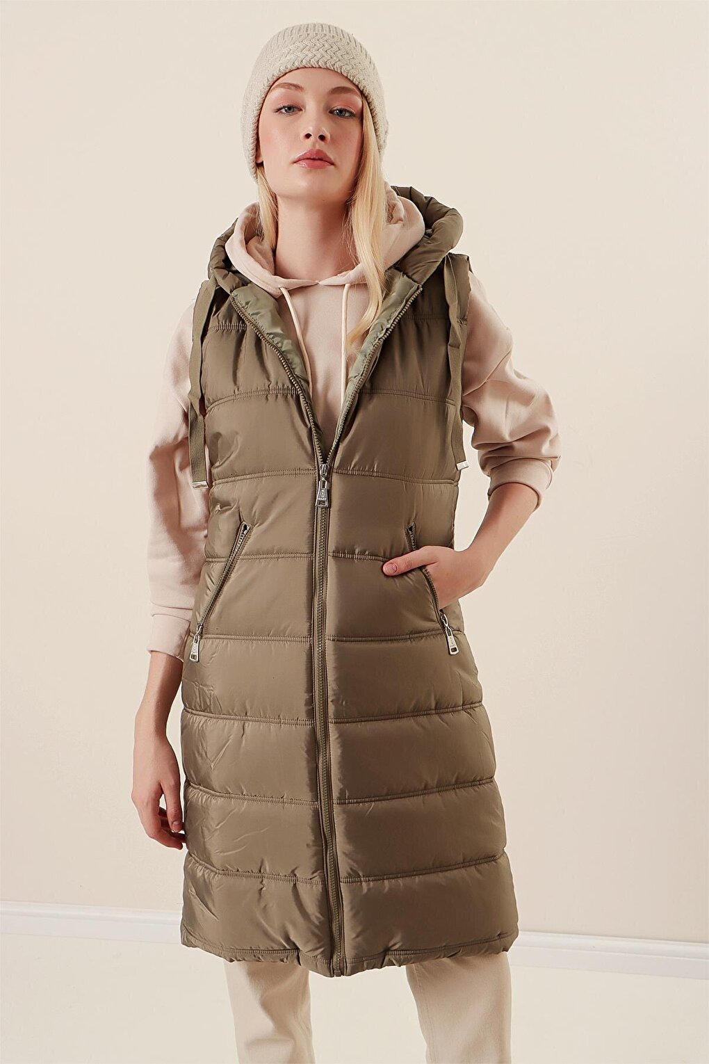 5140 Hooded Long Puffer Vest - Çağla